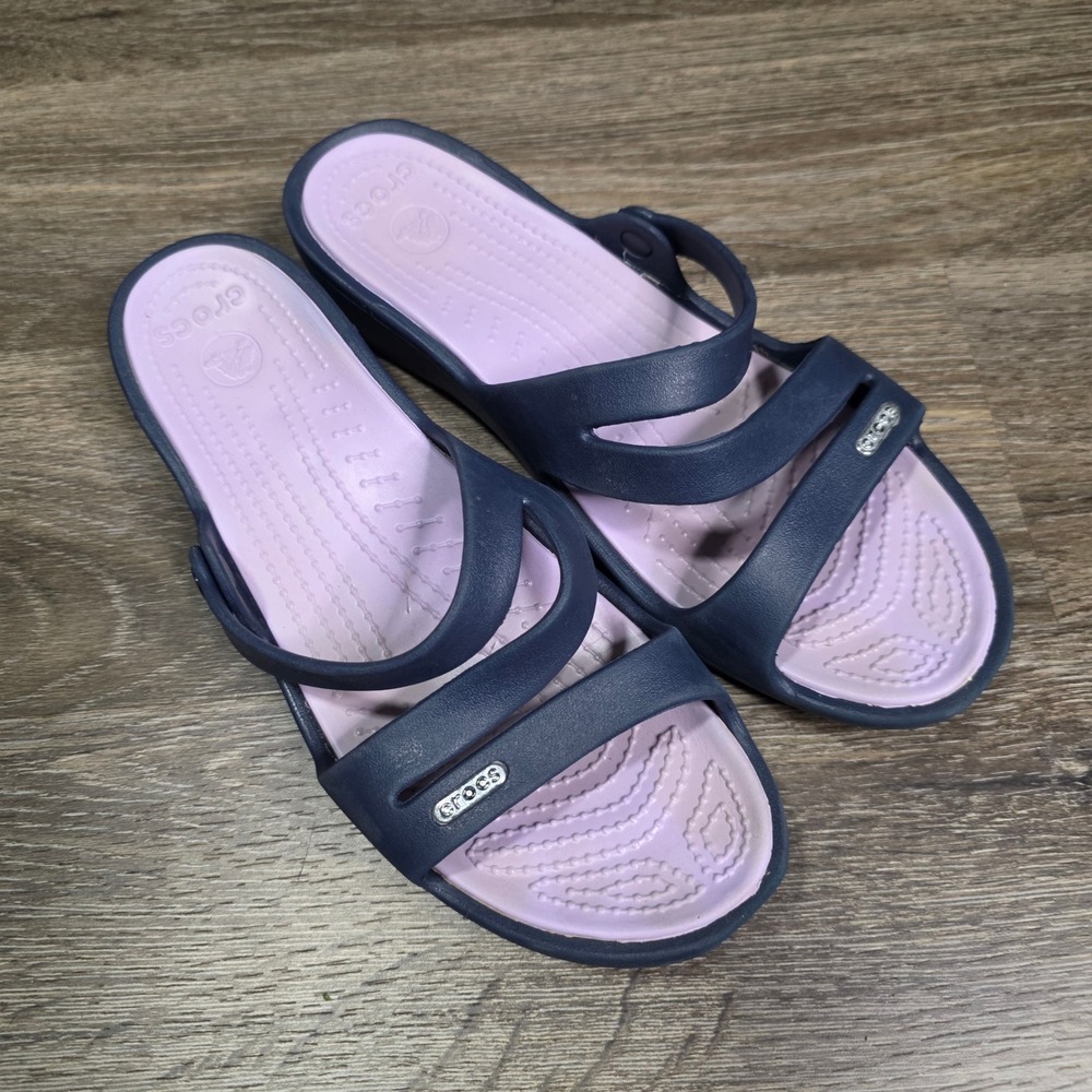 Crocs Womens 10 Patricia Wedge Sandals Navy Blue Lavender Multi-Strap Slides